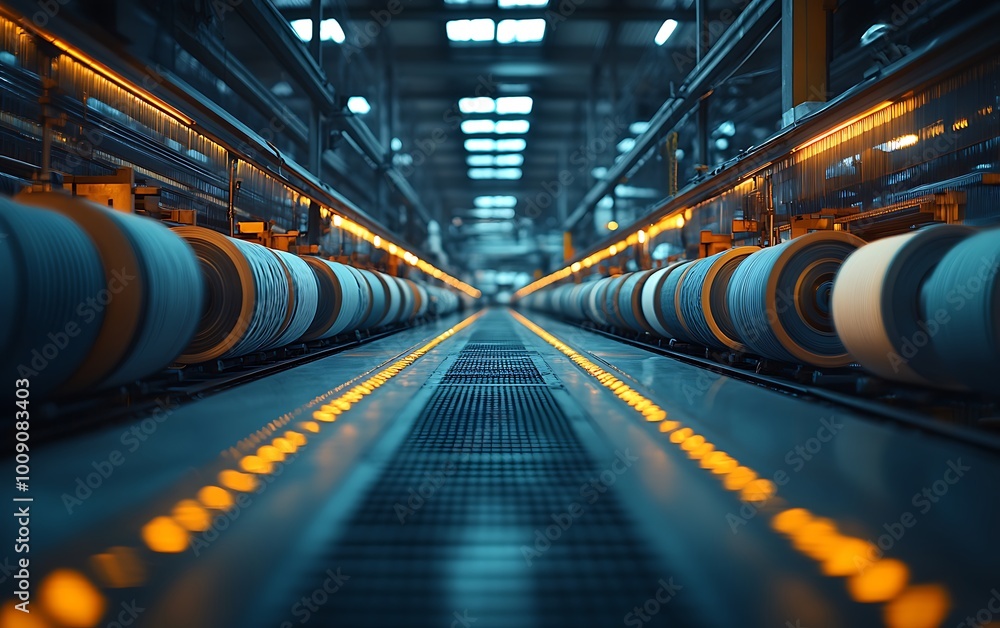 Poster textile factory with rows of weaving machines and colorful threads