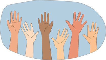 Together We Rise Multiracial Hands Raised in Unity Vector Art. Unity in Action Multiracial Hands Voting Together Vector Design. Vector Illustration. 