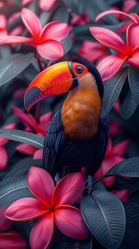 A brightly colored toucan sitting on a tree with dark shades in a tropical forest