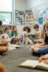 Group of kids sitting with therapy dogs during a reading session in a cozy library, fostering literacy and bonding.