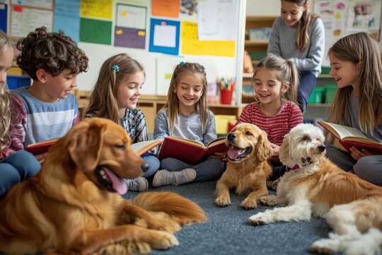 Children and therapy dogs gathered in a reading session, strengthening literacy skills and building emotional connections.
