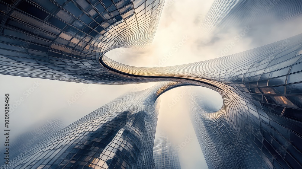 Poster tall, curving skyscrapers float weightlessly in the air, connected by looping bridges that twist in 