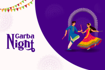 Couple performing dandiya and dancing garba sale and promotion advertisement background