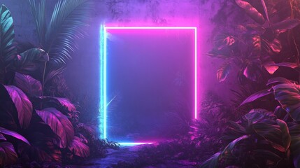 Glowing Neon Frame Surrounded by Tropical Foliage in a Purple and Blue Atmosphere