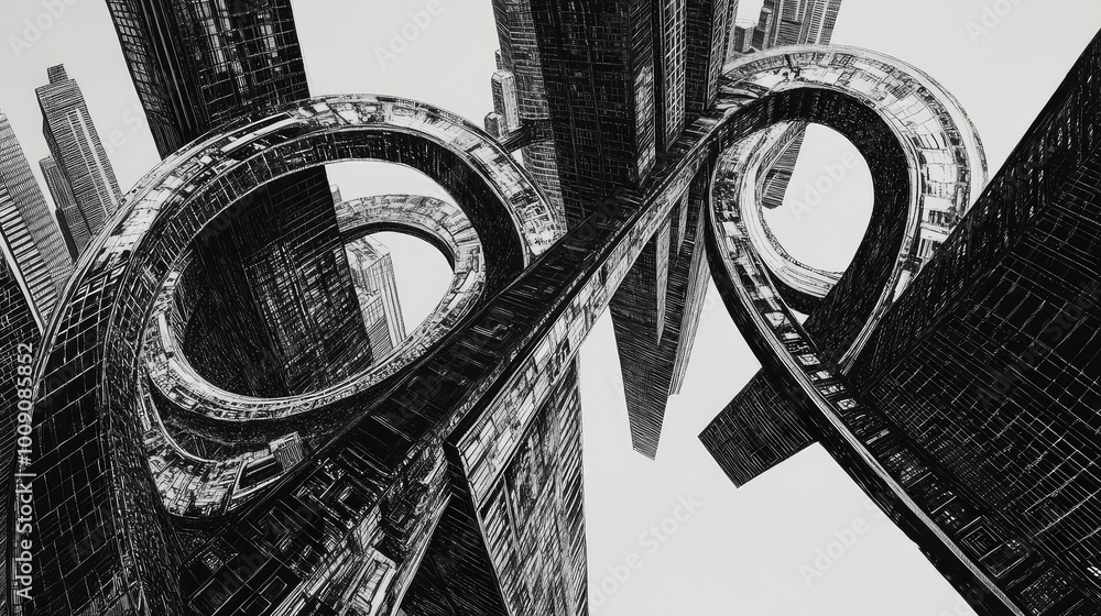 Aufkleber tall, curving skyscrapers float weightlessly in the air, connected by looping bridges that twist in 