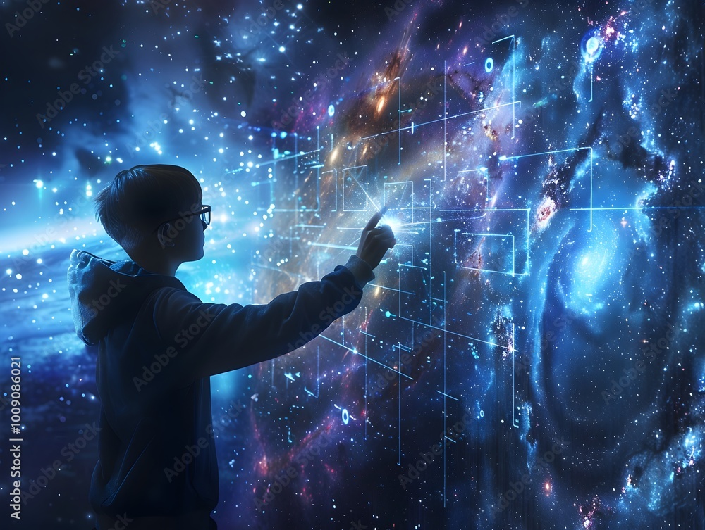 Poster student tapping into boundless knowledge with quantum internet device expanding understanding across