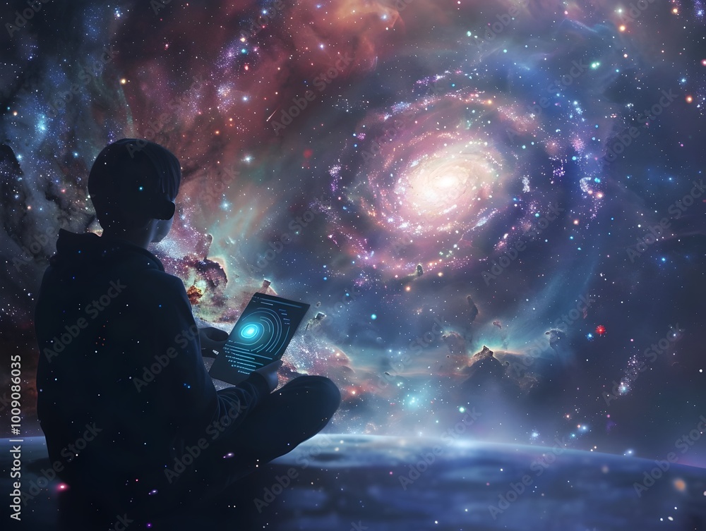 Poster A student using a quantum internet device to access knowledge from across the galaxy data streaming instantly to their screen expanding their