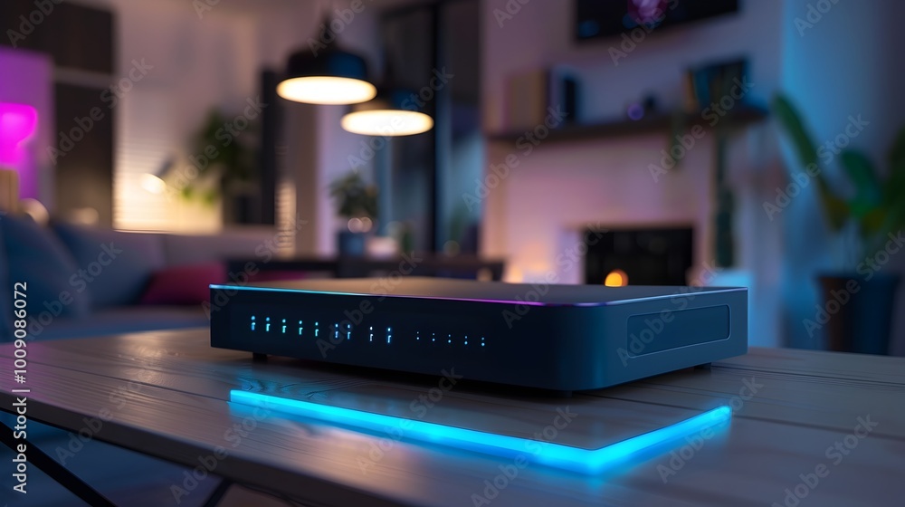 Poster quantum internet router seamlessly integrating smart devices in a futuristic home environment