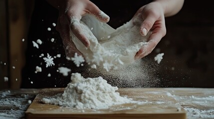 A womans hand holding a flour bag pouring it slowly onto a wooden board, resembling snowflakes landing softly on the surface.