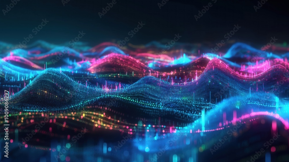 Poster multicolor glowing data forms complex network over abstract digital landscape. geometric shapes, par