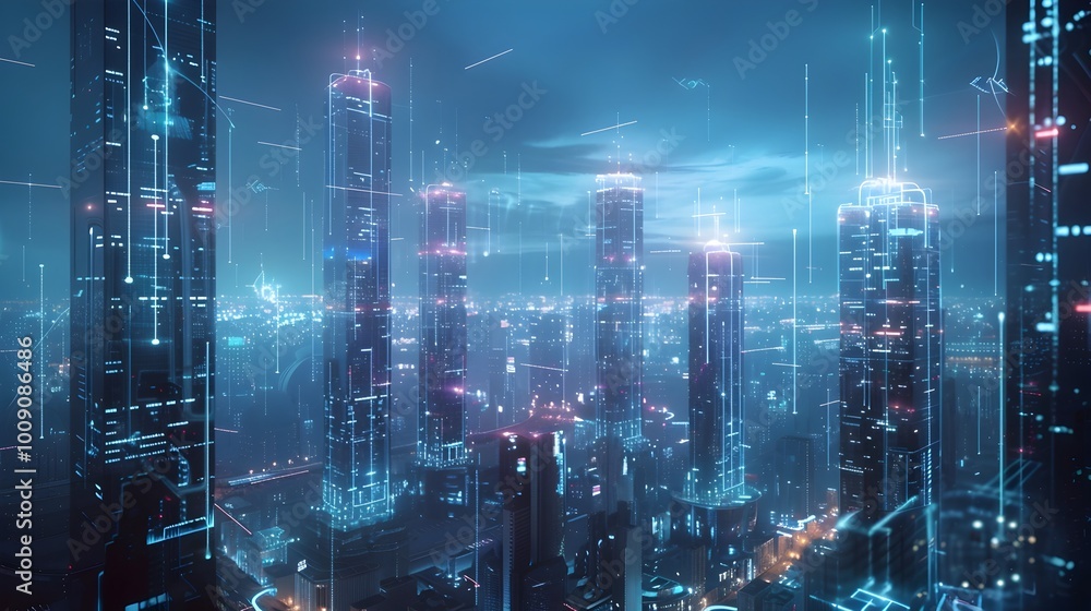 Poster futuristic cityscape powered by efficient smart grid energy distribution system