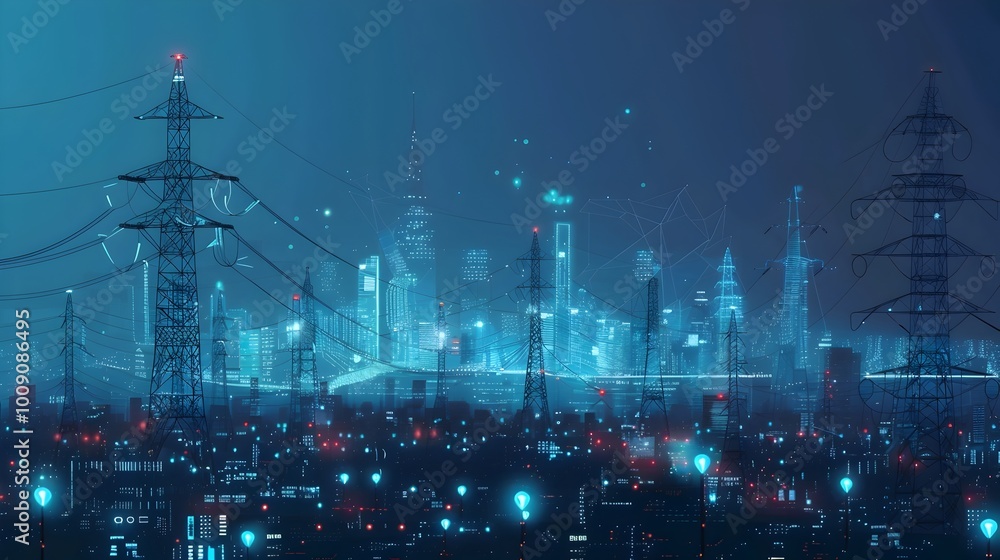 Poster futuristic cityscape powered by smart grid with glowing energy towers efficiently distributing elect
