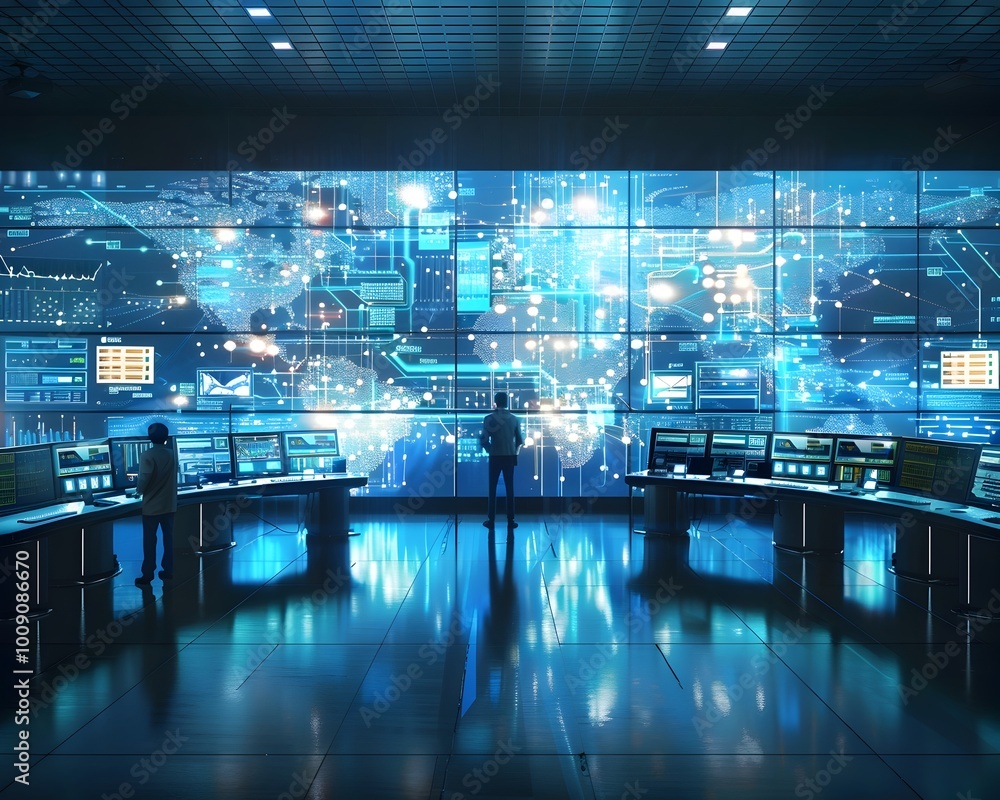 Poster engineers monitoring holographic smart grid energy flow for optimized power distribution