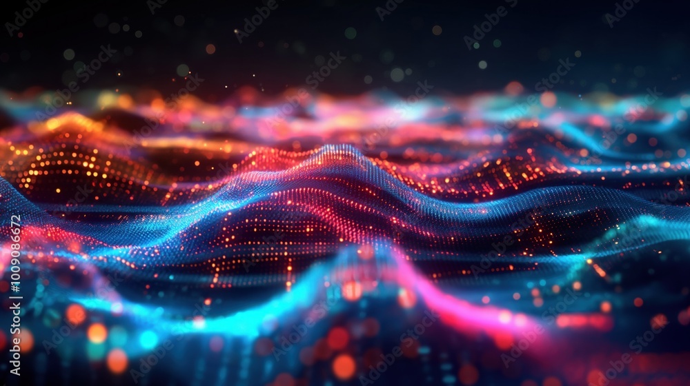 Poster multicolor glowing data flows over abstract digital landscape. glowing lines, dots create futuristic