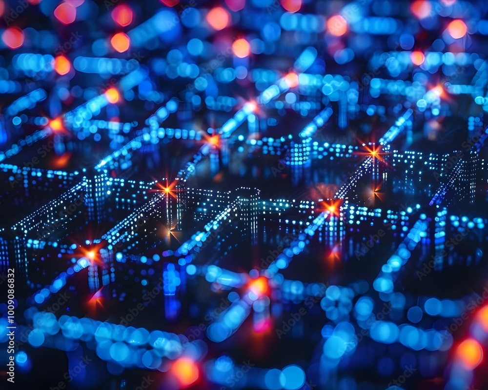 Poster futuristic smart grid system using blockchain technology with glowing energy transactions through di