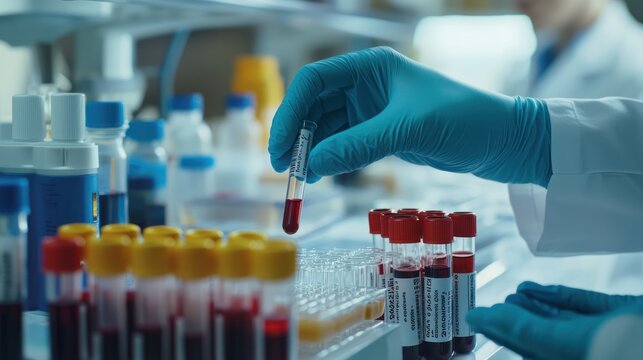 Hematologist examining blood samples for signs of leukemia or lymphoma.
