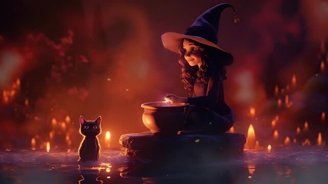 A cute witch brews a glowing potion in a cauldron beside her black cat, creating a magical and mystical scene.