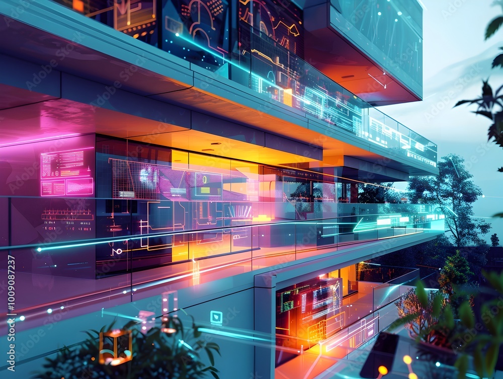 Poster futuristic apartment building with smart grid managed energy system and holographic interfaces