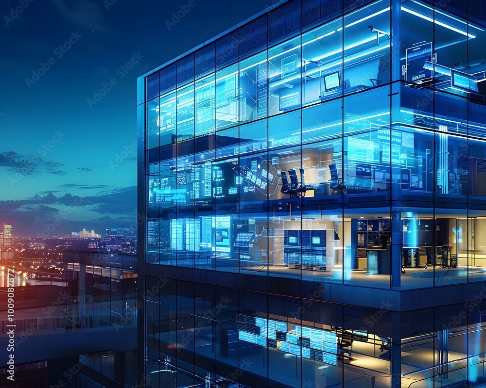 Poster smart and sustainable high tech office building with energy efficient design and intelligent systems
