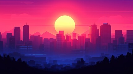 Vibrant sunset over a city skyline with mountains in the background, showcasing urban life during twilight hours.