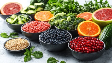 Fresh fruits and vegetables arranged in bowls for healthy eating.