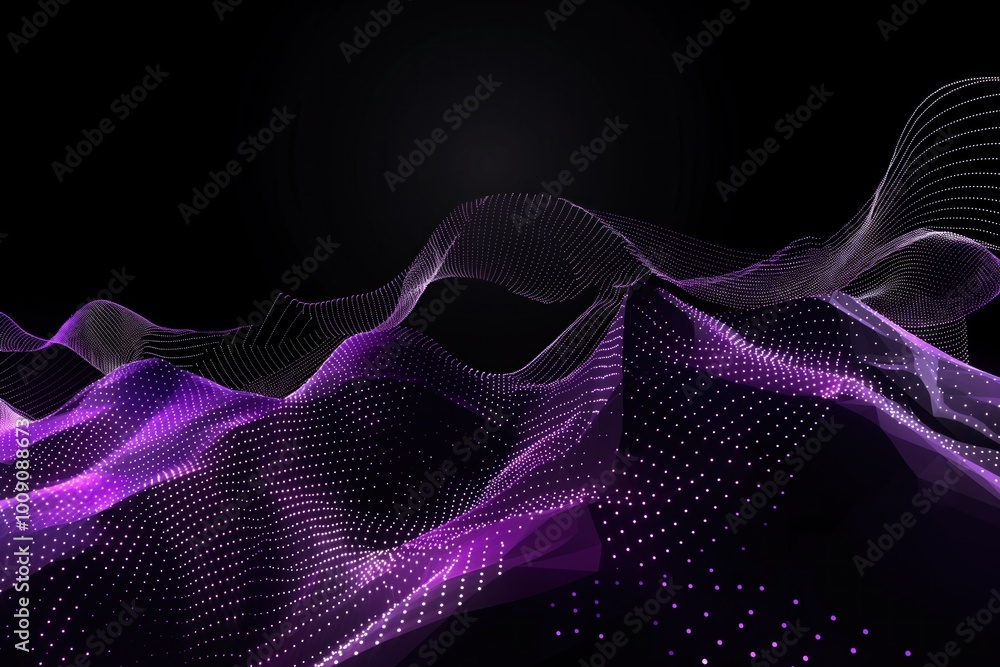 Aufkleber futuristic network technology illustration with geometric shapes, purple waves on black background. 