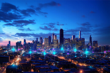 Obraz premium Abstract Digital Cityscape with Glowing Dots and Lines Forming Futuristic Urban Landscape