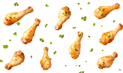 Fried chicken legs flying in the air on a transparent background. 
