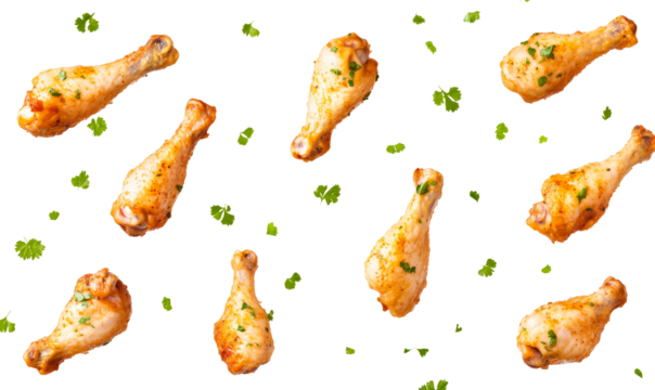 Fried chicken legs flying in the air on a transparent background. 