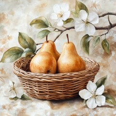 A beautiful painting of ripe pears nestled in a woven basket surrounded by delicate flowers, perfect for still life art.