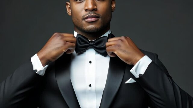 A man in a tuxedo adjusts his bow tie while looking into the camera