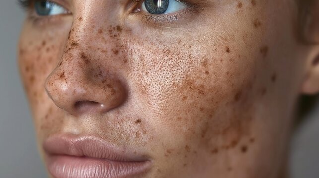 Close-up of person face with small brown spots on light brown skin. Skin conditions, melasma, freckles, brown skin. Gentle eyes, nose slightly tilted. Neutral light gray background.