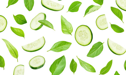 Cucumber slices flying in the air on a transparent background. 