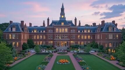 Naklejka premium A dark eerie castle with glowing pumpkins placed along the walls
