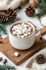 Fototapeta premium Cocoa with marshmallows on a cozy dark background with copy space. Seasonal hot drink.