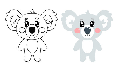 Cute kawaii doodle drawing of koala full height. Coloring page illustration for kids. Koala flat animal in line drawing style. Vector outline for printable children's coloring page or book