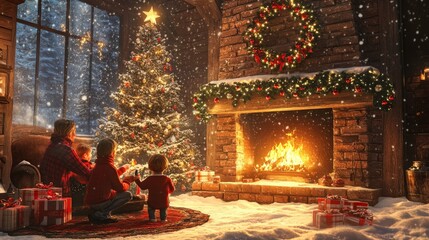 Cozy family Christmas scene by the fireplace, decorated tree, and snow outside creating a warm and festive holiday atmosphere.