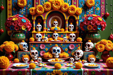 Fototapeta premium Colorful ofrenda decorated with skulls and cempasuchil flowers for day of the dead celebration