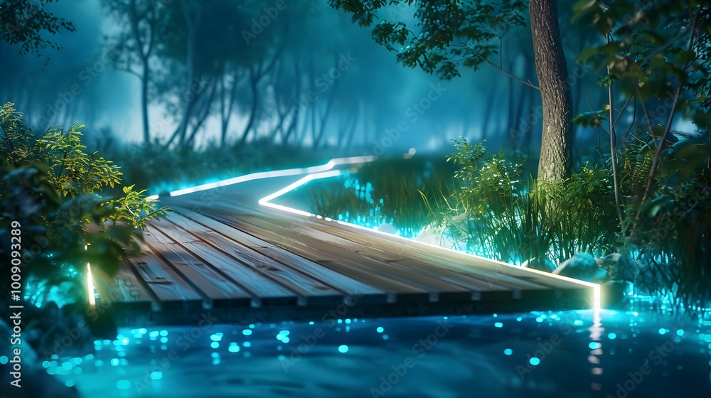 Wall mural Bioluminescent Boardwalk Along a Serene River at Dusk with Glowing Lights