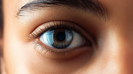 Obraz premium Close-up face focusing on eye with deep blue color. Skin tone lighter, eye central element drawing attention. Gray background provides neutral backdrop for eye to stand out. Elevated angle gives
