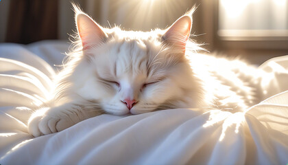 Obraz premium A cute cat sleeping on a bed with the morning sun shining in. Sleeping face, white sheets.朝日の差し込むベッドで寝ているかわいい猫。寝顔、白いシーツ。