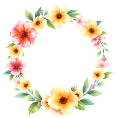 Obraz premium Pastel drawing artistic image of floral wreath as a frame for round white space. some leaves or flowers may overlap that white background. it has to be colorful, look natural. Generative AI