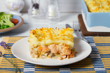 Fish pie. Mash topped seafood bake