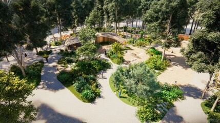 Aerial View of a Lush Park with Winding Paths and Scattered People