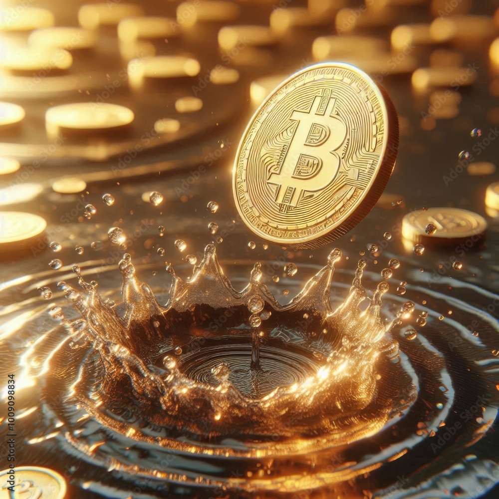 Poster a digital bitcoin drops into water, creating a splash surrounded by other golden bitcoin coins. the 