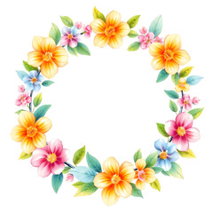 Pastel drawing artistic image of floral wreath as a frame for round white space. some leaves or flowers may overlap that white background. it has to be colorful, look natural. Generative AI
