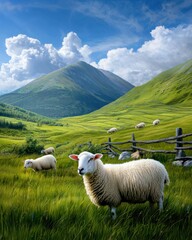Obraz premium Sheep graze in a lush green meadow with mountains in the background.