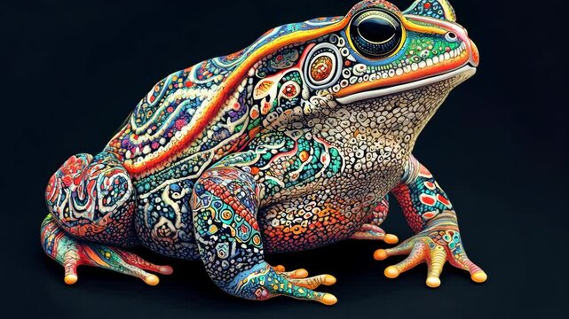 A colorful frog with intricate patterns sits on a black background