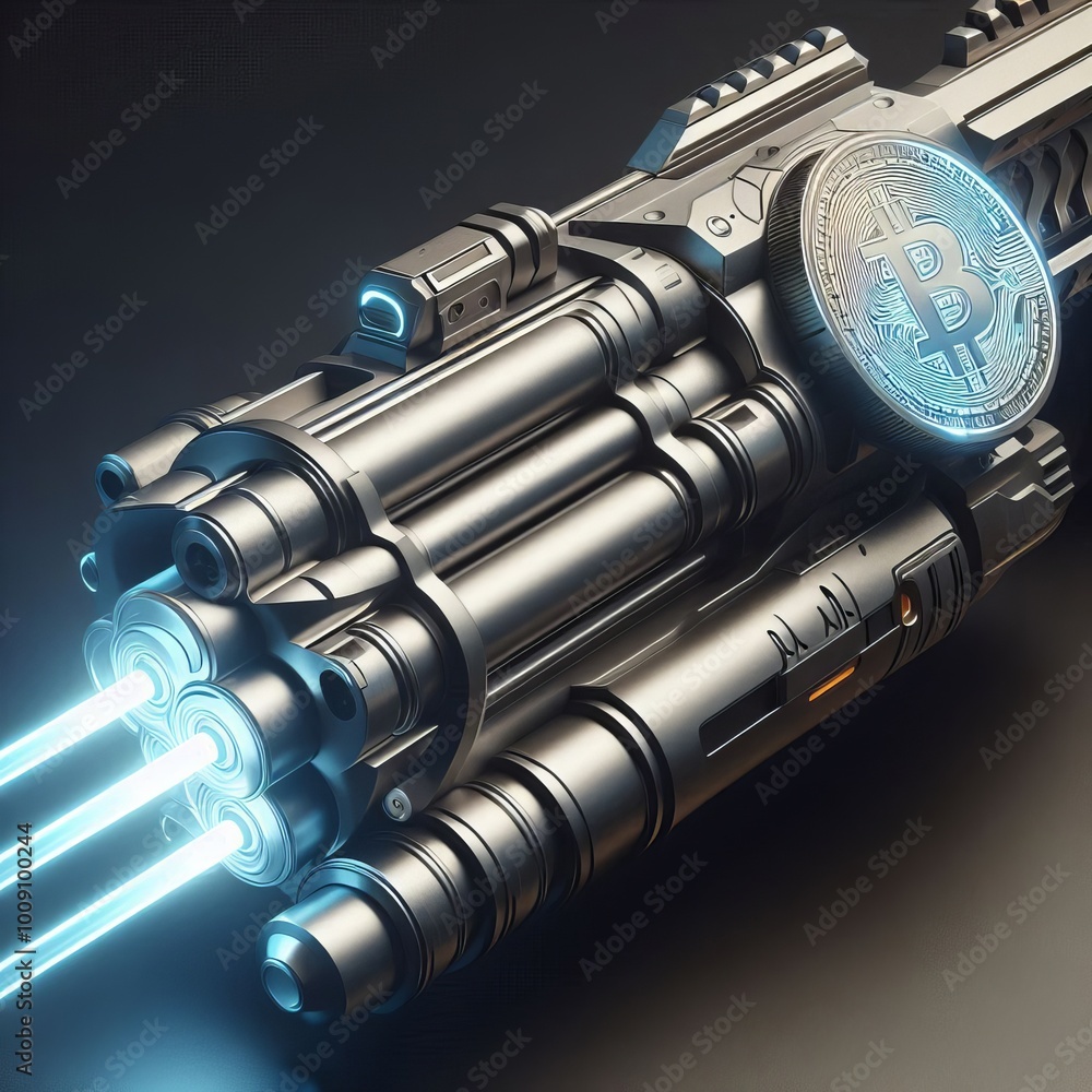 Poster a highly detailed futuristic weapon incorporating a bitcoin symbol, representing the fusion of digit