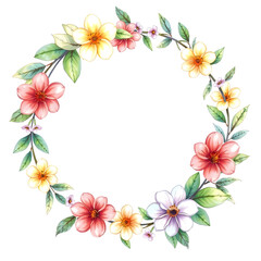Pastel drawing artistic image of floral wreath as a frame for round white space. some leaves or flowers may overlap that white background. it has to be colorful, look natural. Generative AI